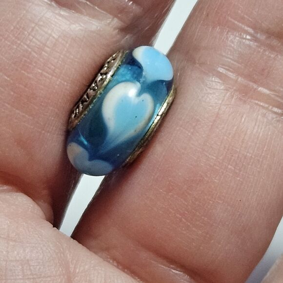 Pandora Sterling Silver Murano Glass Blue White Hearts Bead Charm